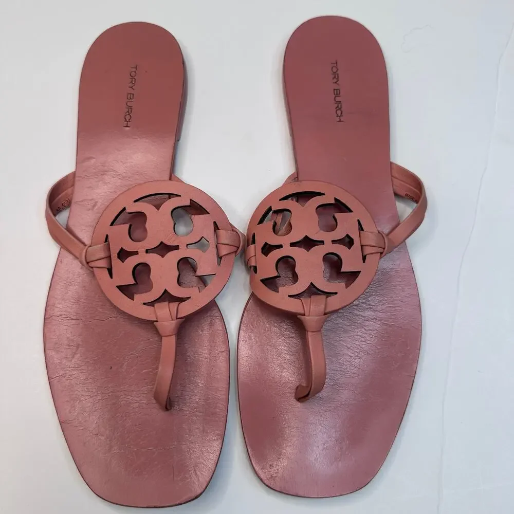 Tory Burch Canyon Flower Pink Leather Miller Sandals